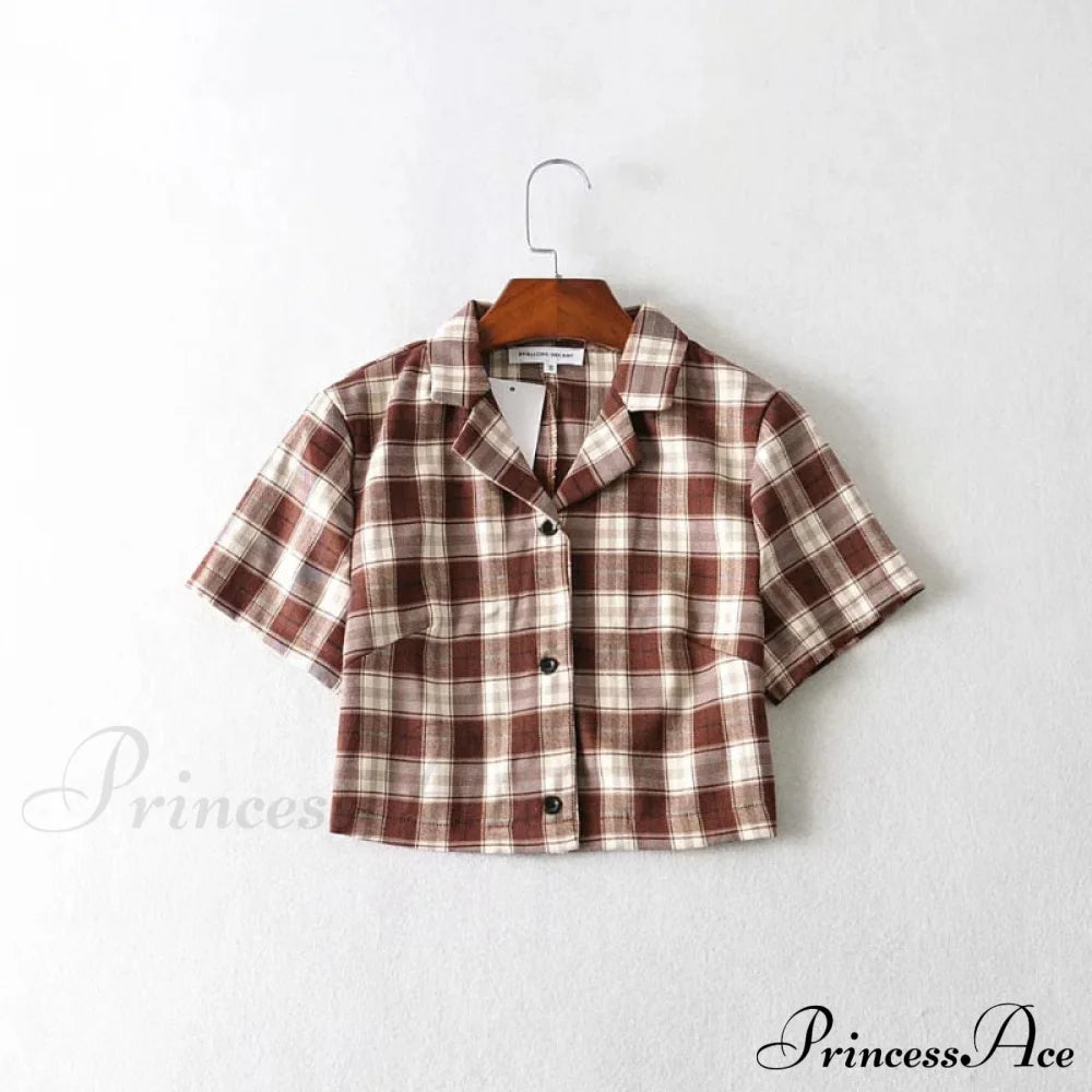 Plaid Elegant Warm-Season Blouse - Top Streetwear Women’s Crop Up Vintage Korean Button Red