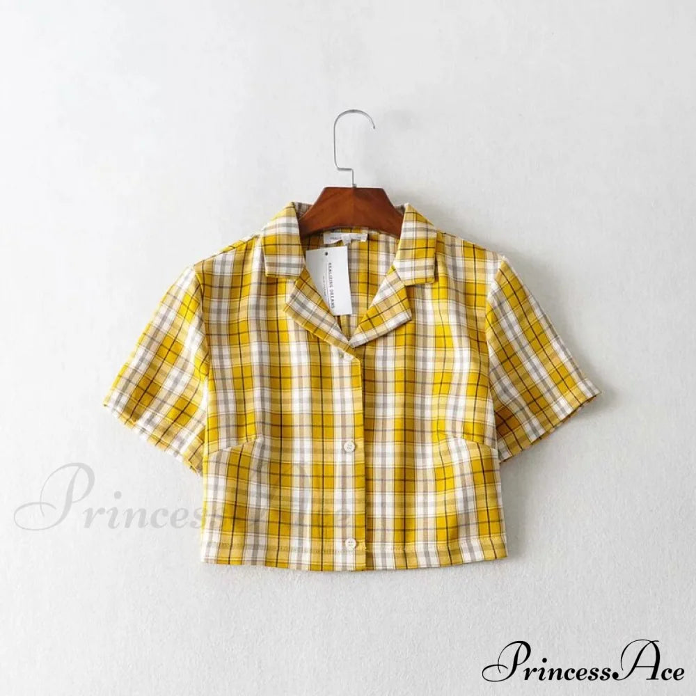 Plaid Elegant Warm-Season Blouse - Top Streetwear Women’s Crop Up Vintage Korean Button Red