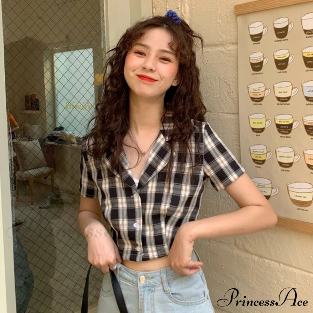 Plaid Elegant Warm-Season Blouse - Top Streetwear Women’s Crop Up Vintage Korean Button Red Black