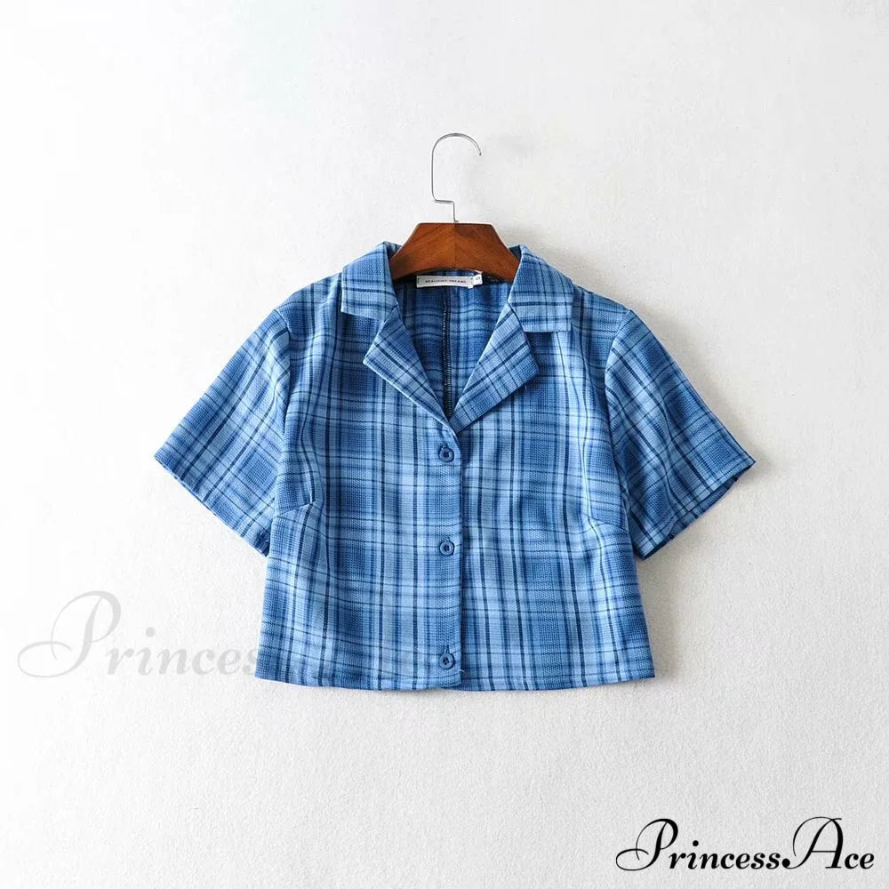 Plaid Elegant Warm-Season Blouse - Top Streetwear Women’s Crop Up Vintage Korean Button Red Blue