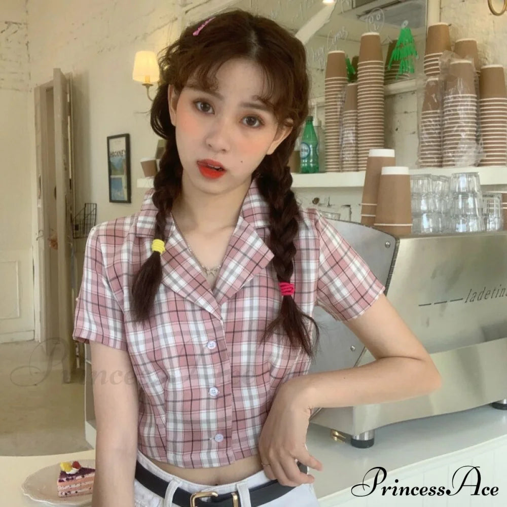 Plaid Elegant Warm-Season Blouse - Top Streetwear Women’s Crop Up Vintage Korean Button Red Pink