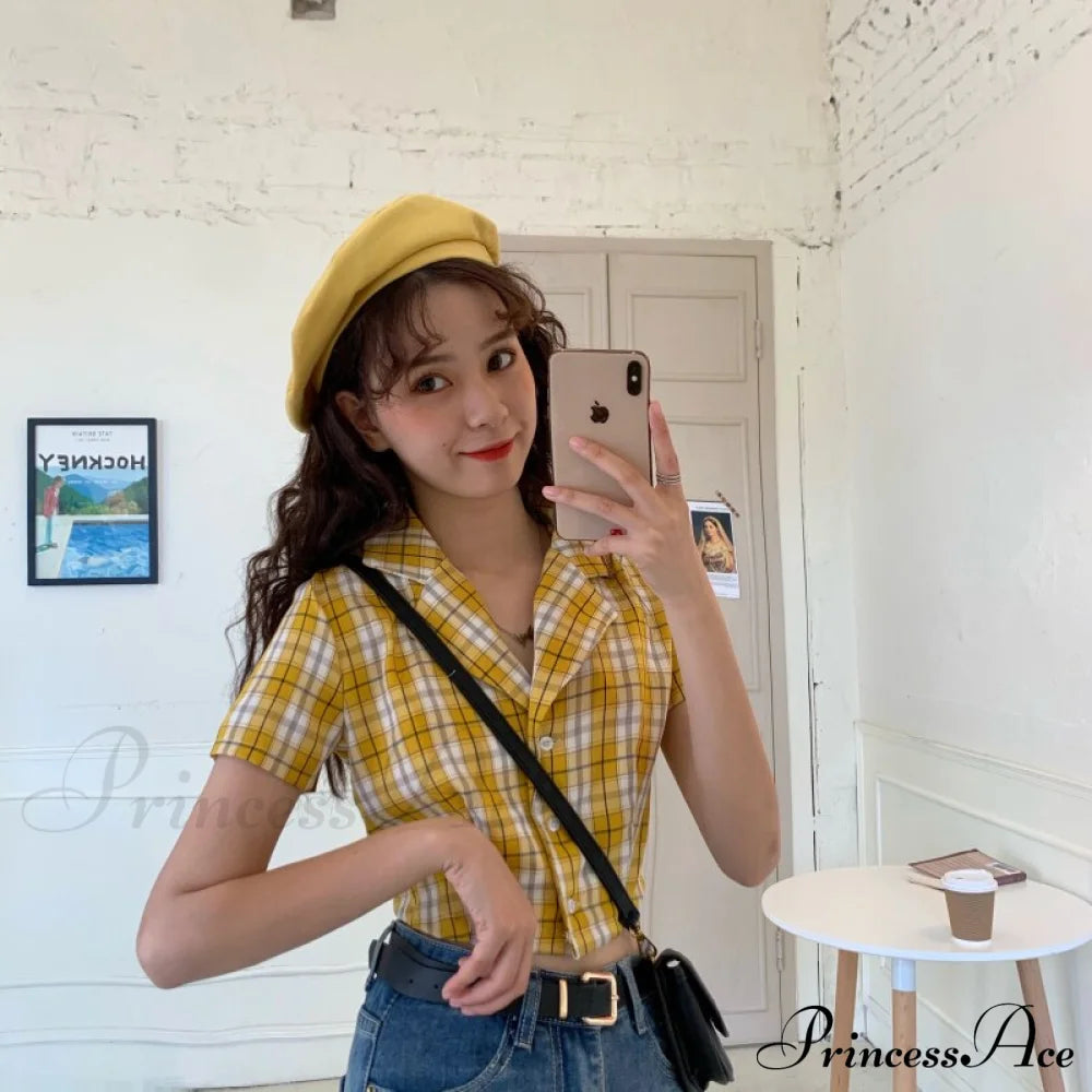 Plaid Elegant Warm-Season Blouse - Top Streetwear Women’s Crop Up Vintage Korean Button Red