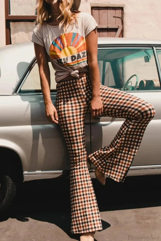 Plaid Flare Fashion Pants Brown / S pant-250223