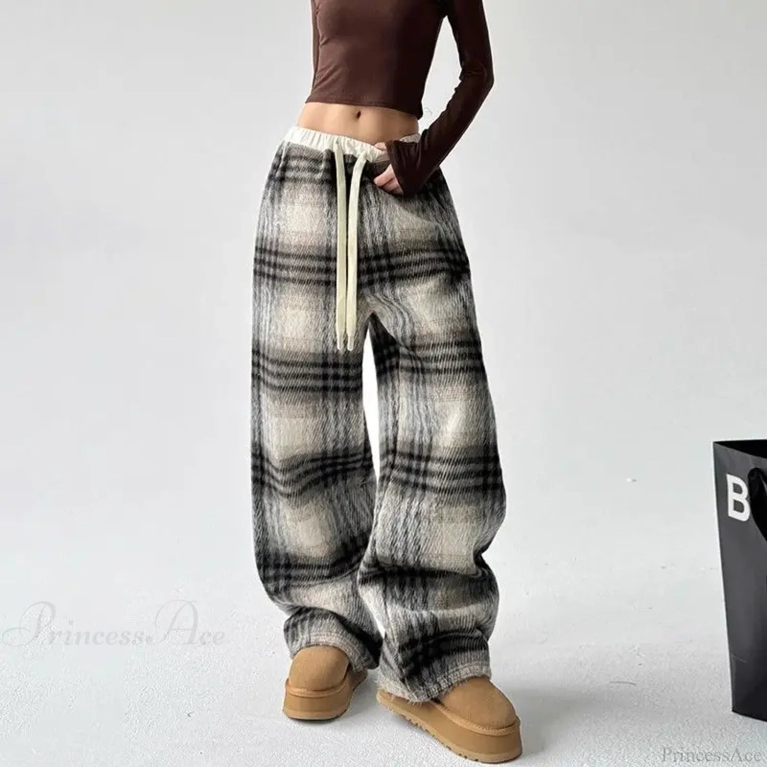 Plaid Fleece High Waist Casual Pants Coffee / S