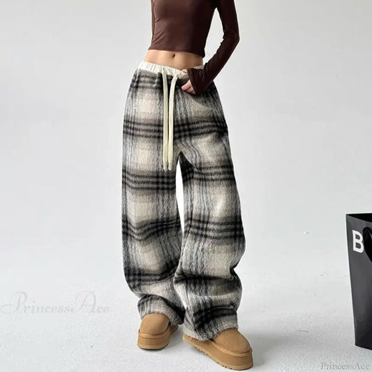 Plaid Fleece High Waist Casual Pants Coffee / S