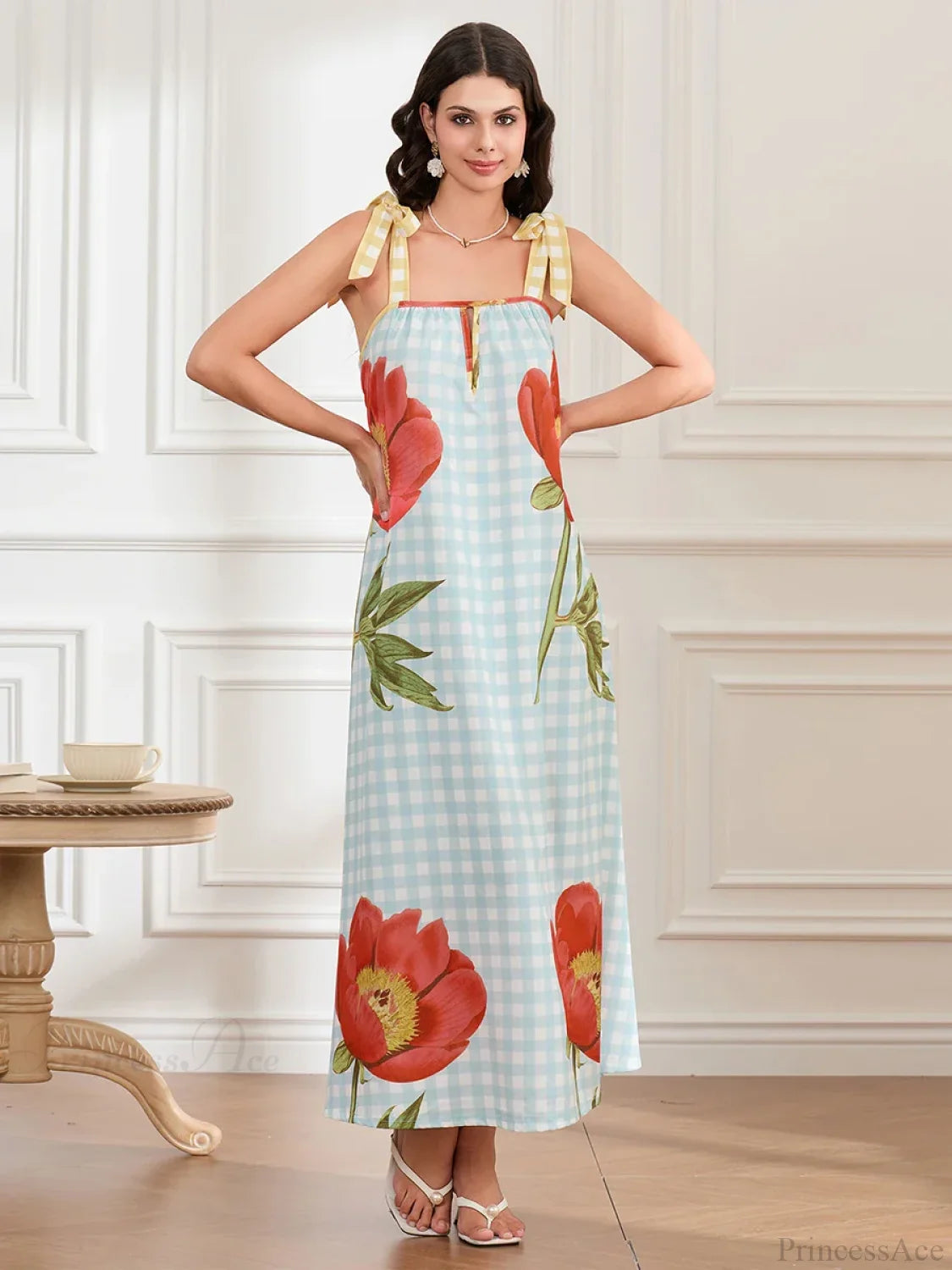 Plaid Flower Sleeveless Tank Floral Dress floraldress-250126