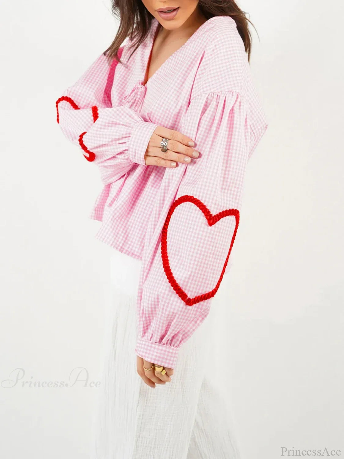 Plaid Heart Trim Tie-Up Blouse blouse-250223