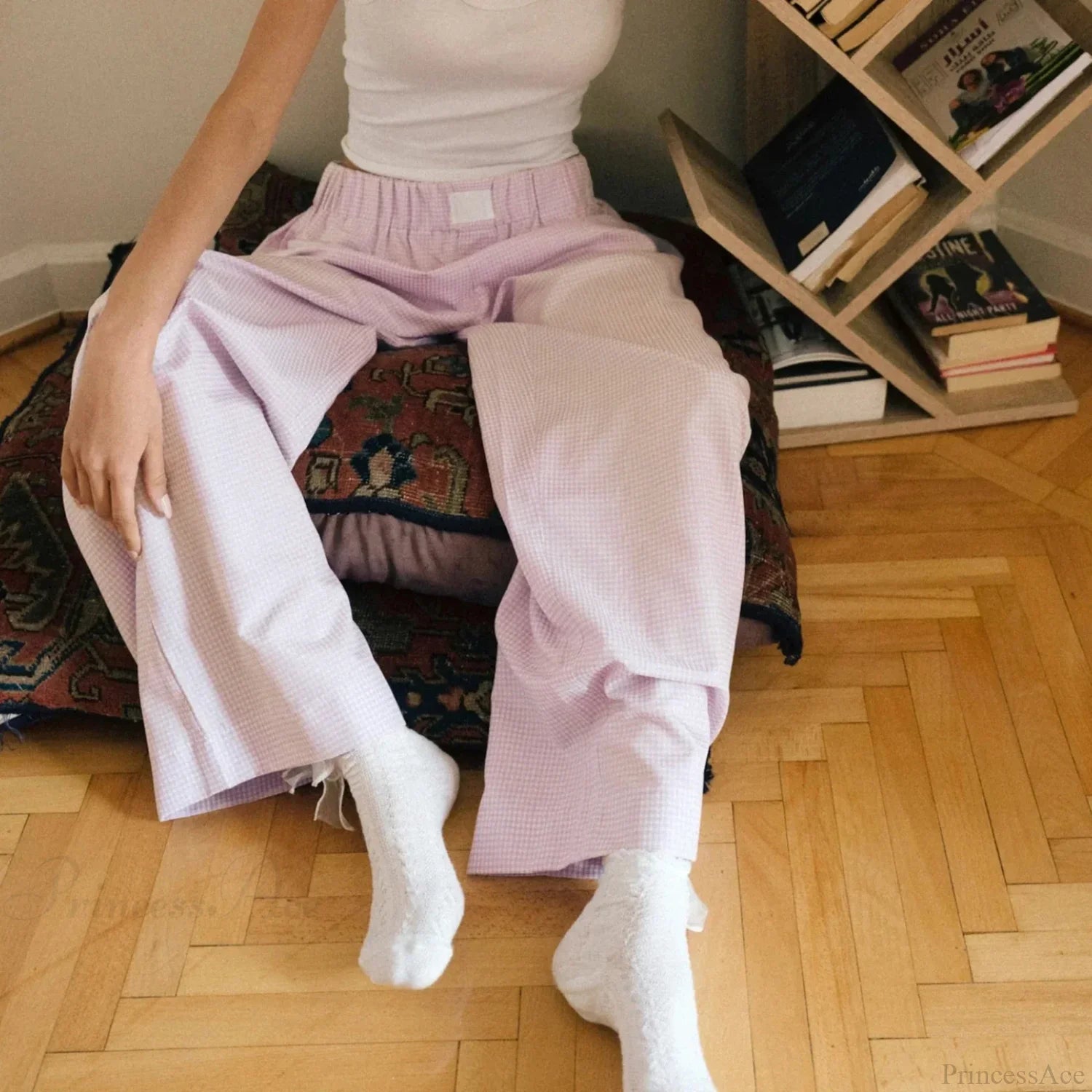Plaid High Waist Straight Wide Leg Pajama Pant pant-250223