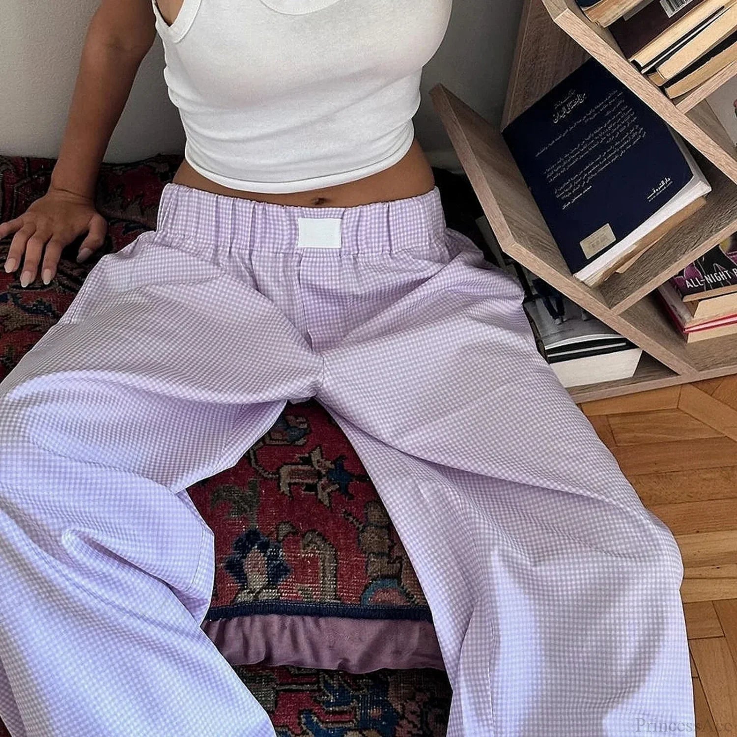 Plaid High Waist Straight Wide Leg Pajama Pant PURPLE / S pant-250223