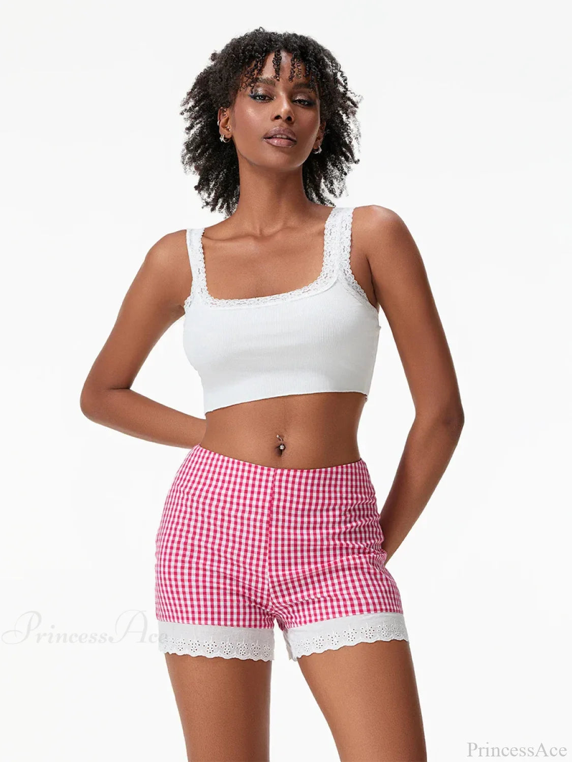 Plaid Lace Crochet Hem Short Red / S short-250223