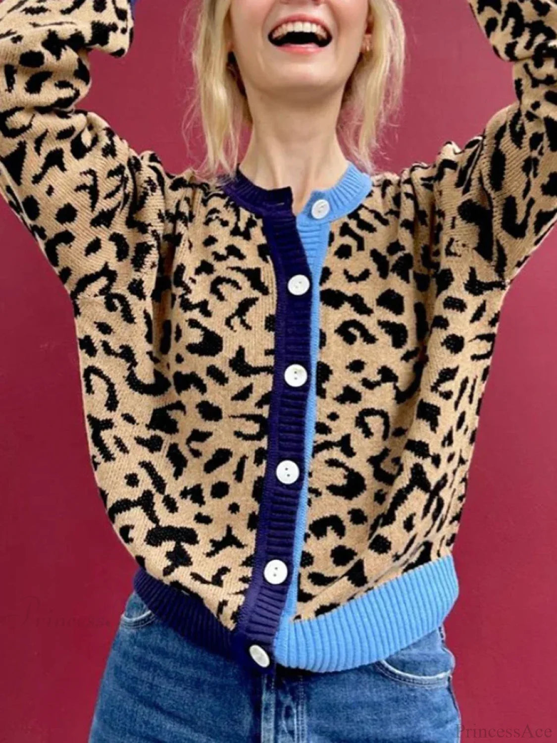 Plaid Lantern Sleeve Knit Cardigan brown / S