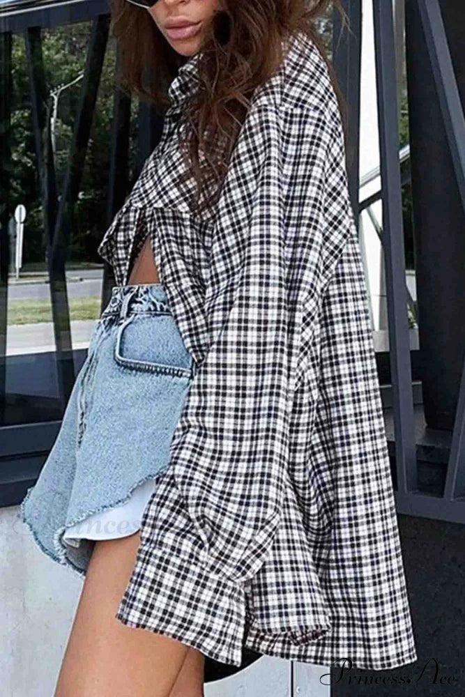 Plaid Lantern Sleeve Long Blouse With Drop Shoulder / L Blouses