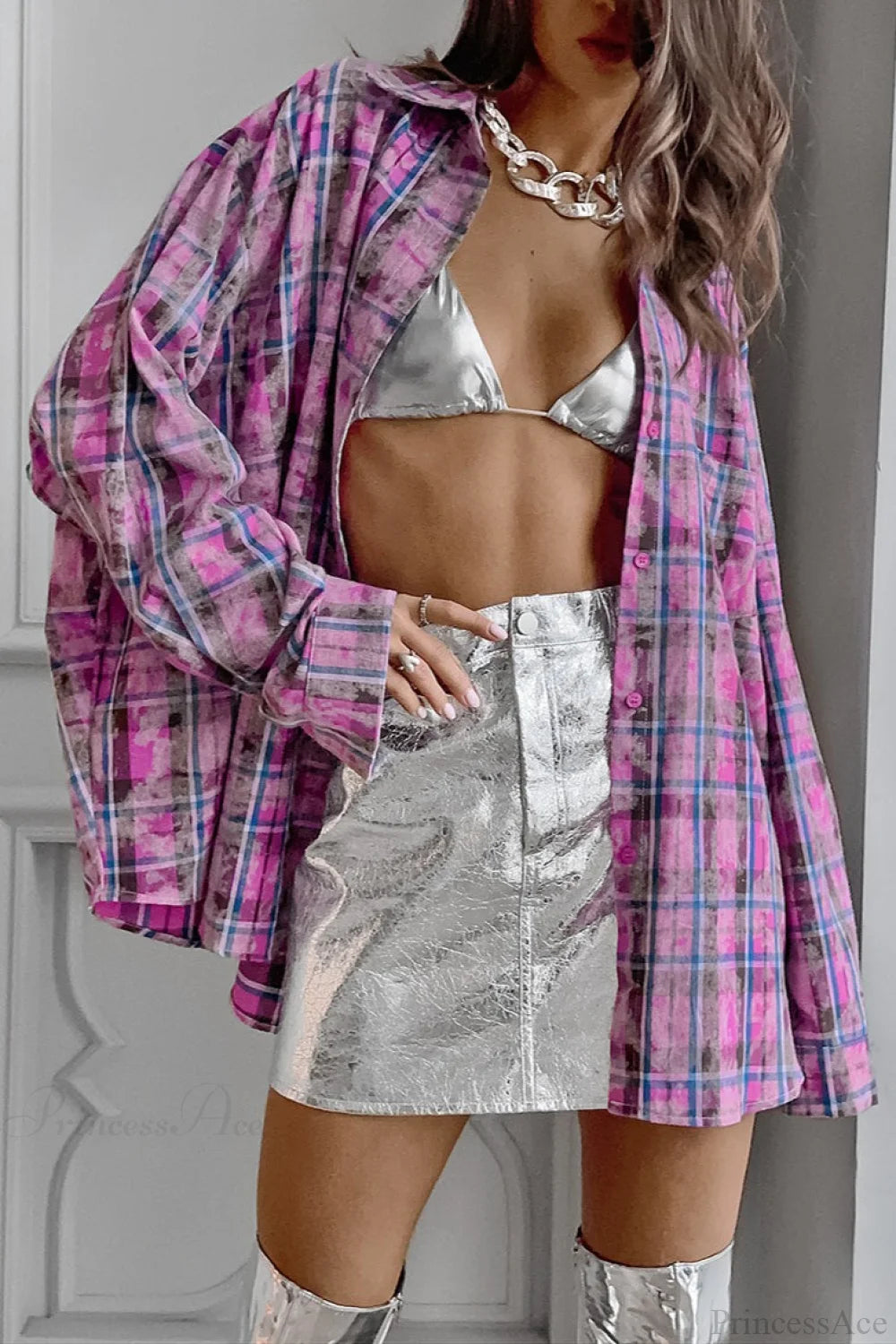 Plaid Long Sleeve Loose Casual Blouse Pink / S