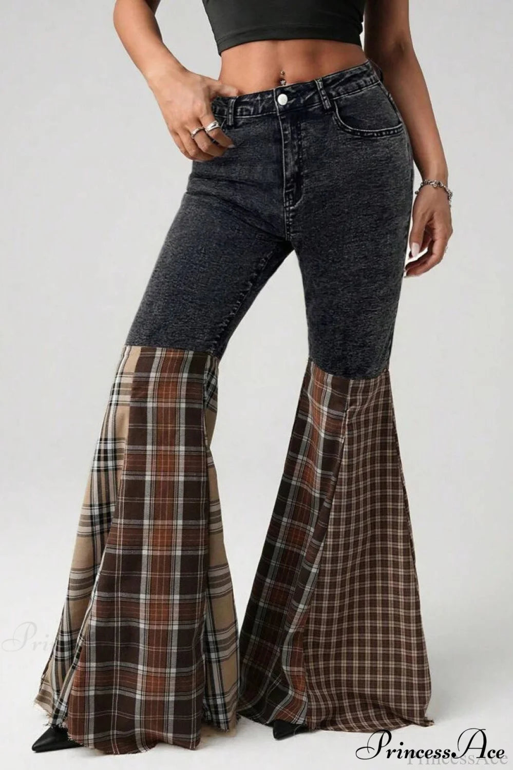 Plaid Patchwork Flared Denim High Waist Jeans Black / S