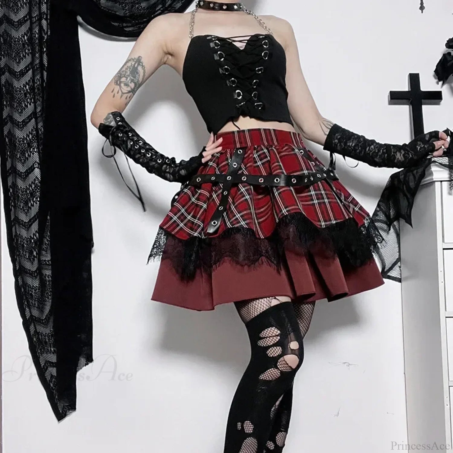 Plaid Pleated Lace Kawaii Skirt