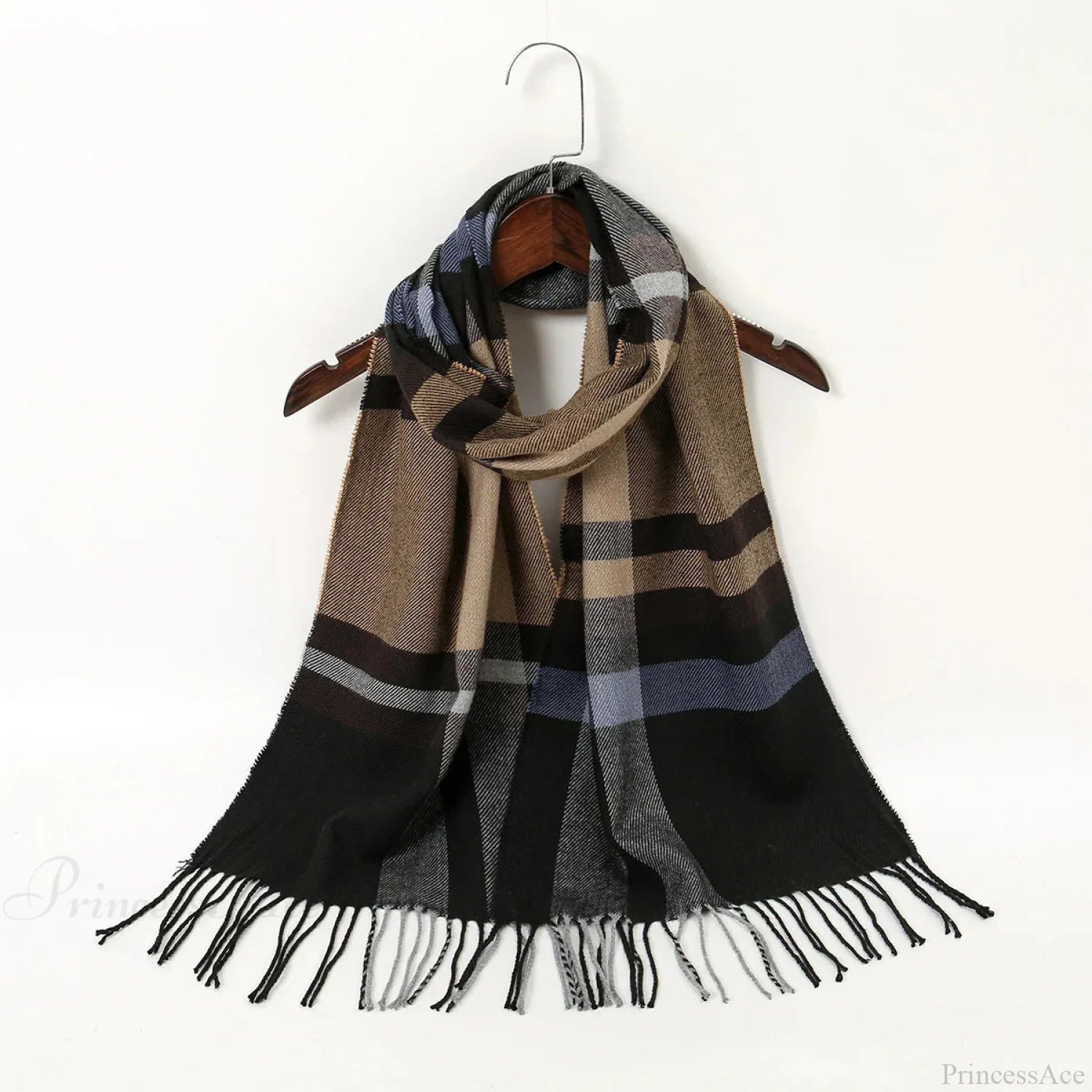 Plaid Print Cashmere Winter Pashmina Scarf With Tassels Blue Scarfs-L