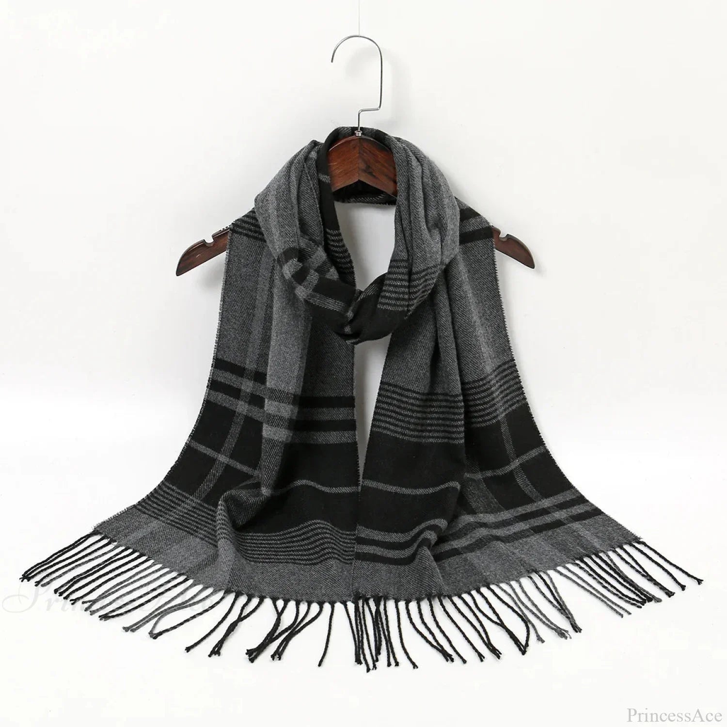 Plaid Print Cashmere Winter Pashmina Scarf With Tassels Grey 2 Scarfs-L