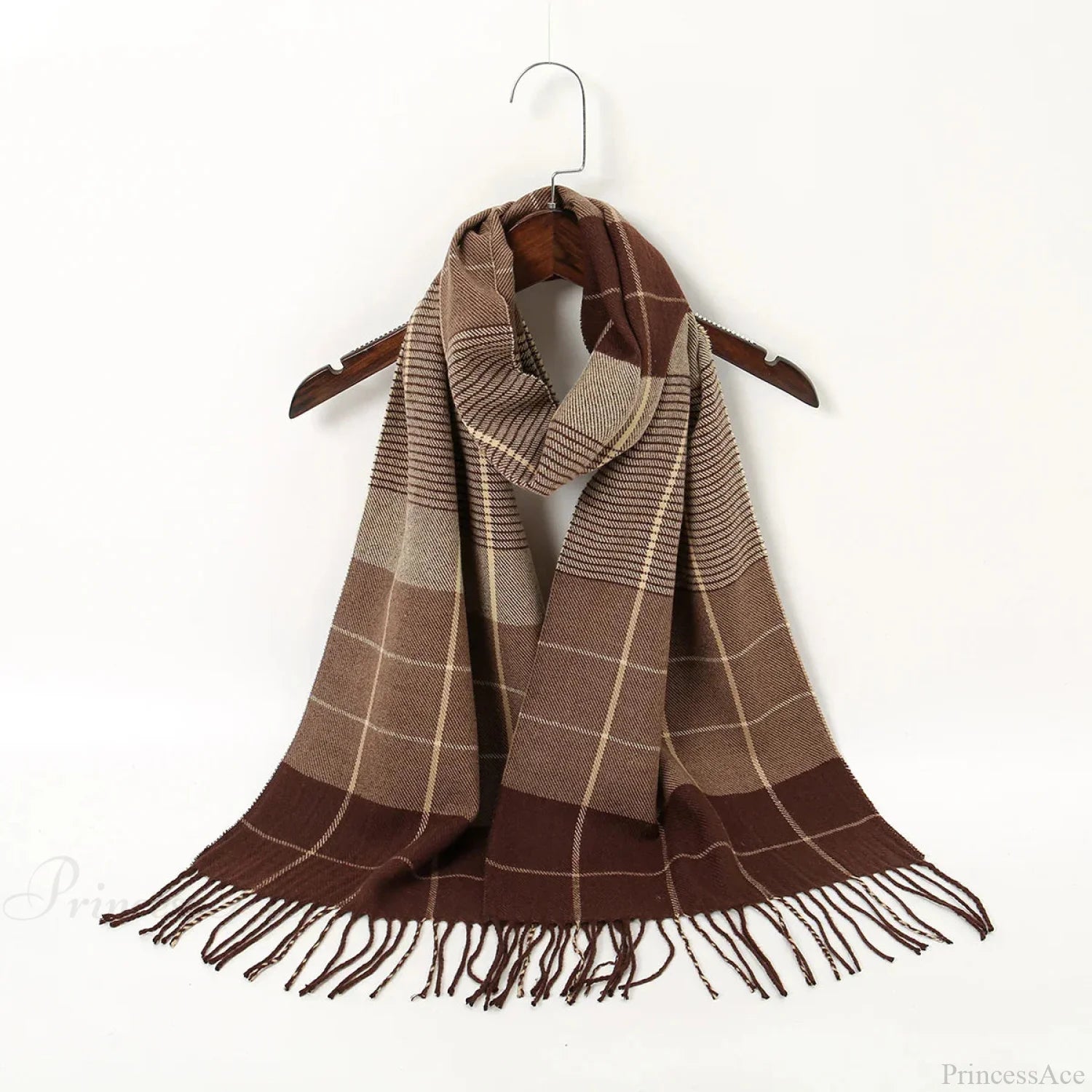 Plaid Print Cashmere Winter Pashmina Scarf With Tassels Khaki Scarfs-L