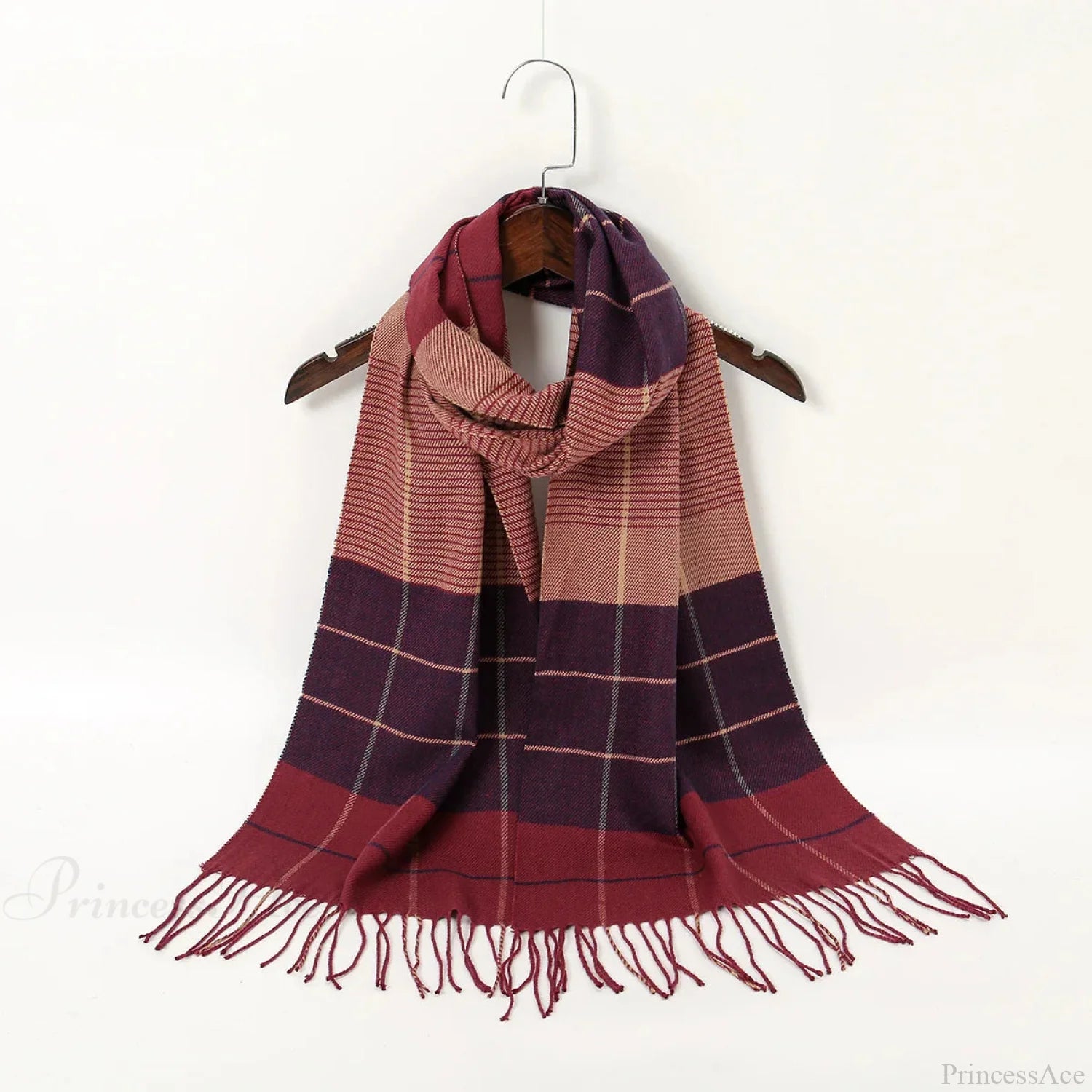Plaid Print Cashmere Winter Pashmina Scarf With Tassels Red 2 Scarfs-L