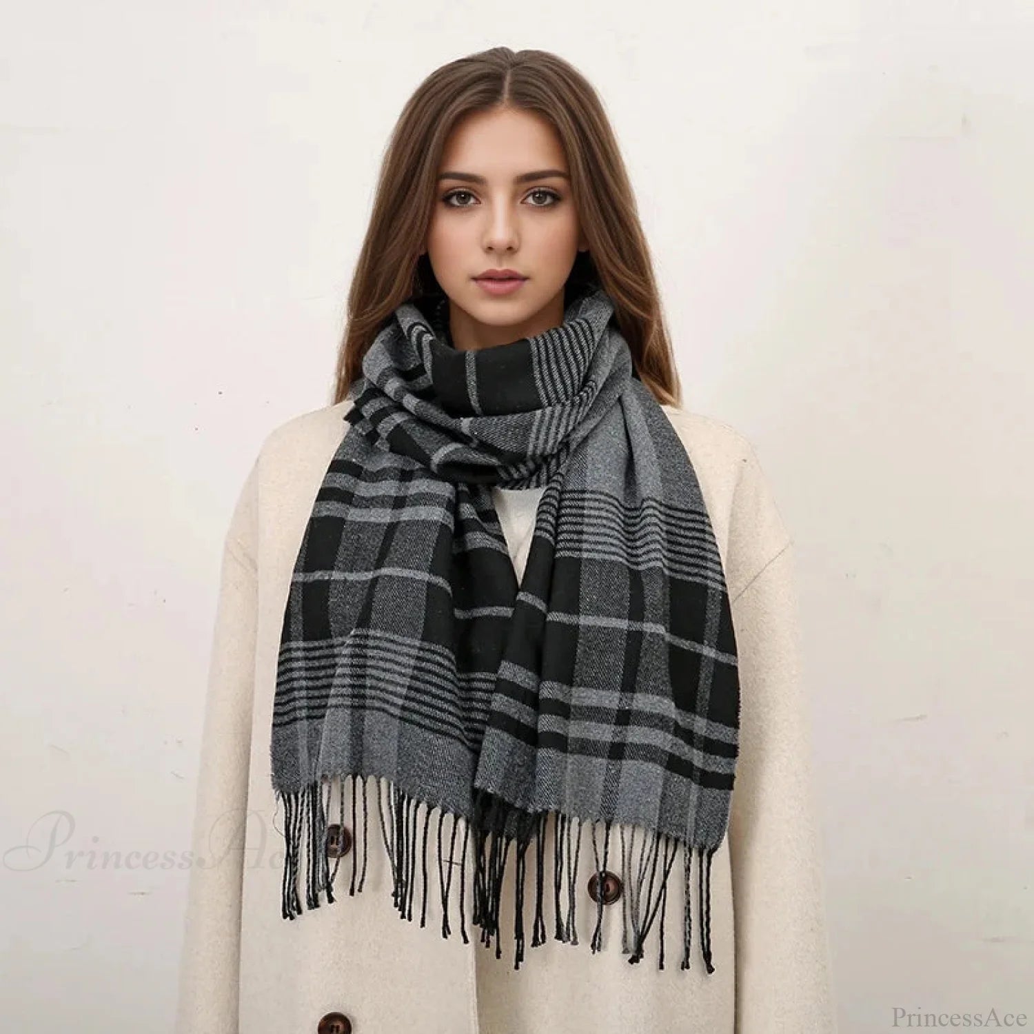 Plaid Print Cashmere Winter Pashmina Scarf With Tassels Scarfs-L