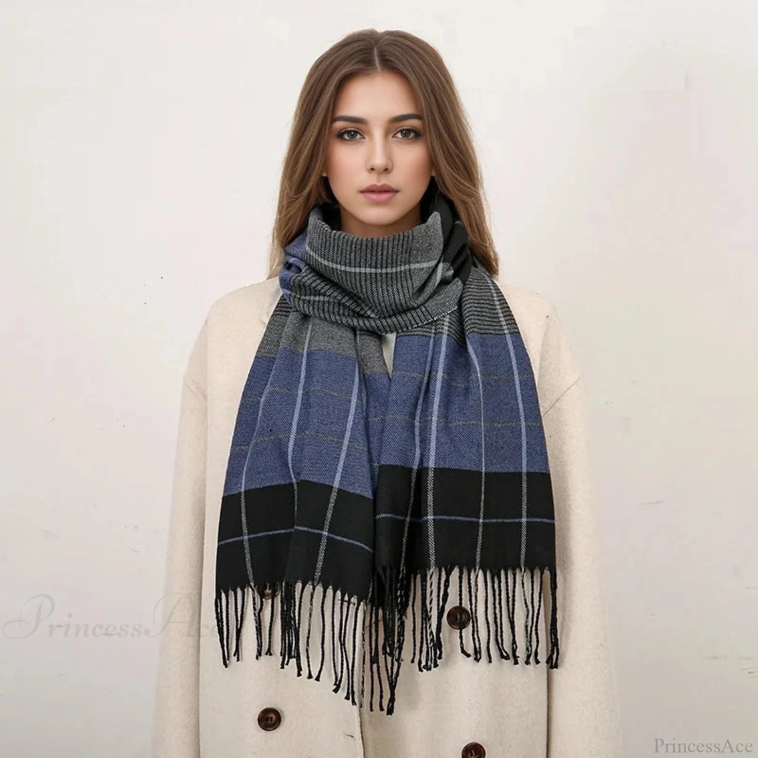 Plaid Print Cashmere Winter Pashmina Scarf With Tassels Scarfs-L