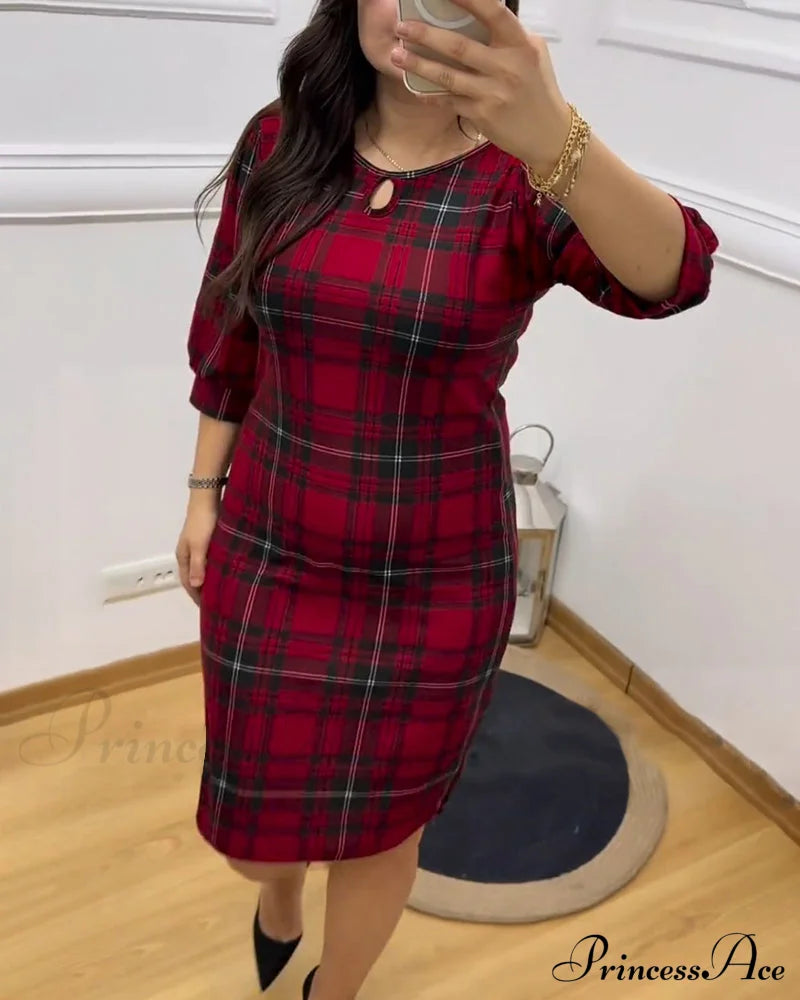 Retro plaid print crew neck dress Red 2023 f/w 23BF casual dresses christmas Clothes Dresses spring