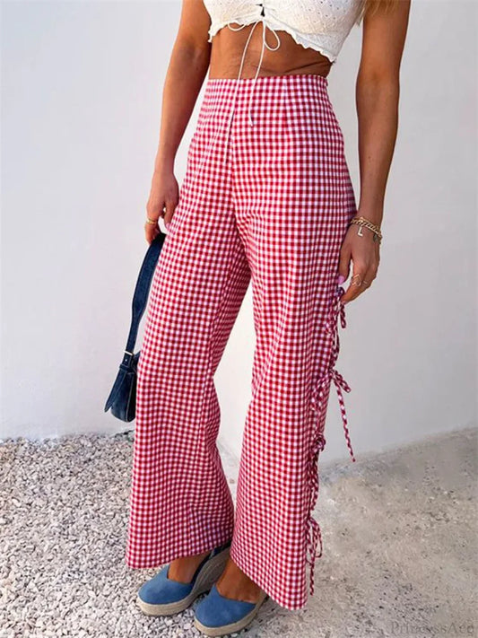 Plaid Print Lace-Up Side Hollow Casual Wide Pant PINK / S pant-250223