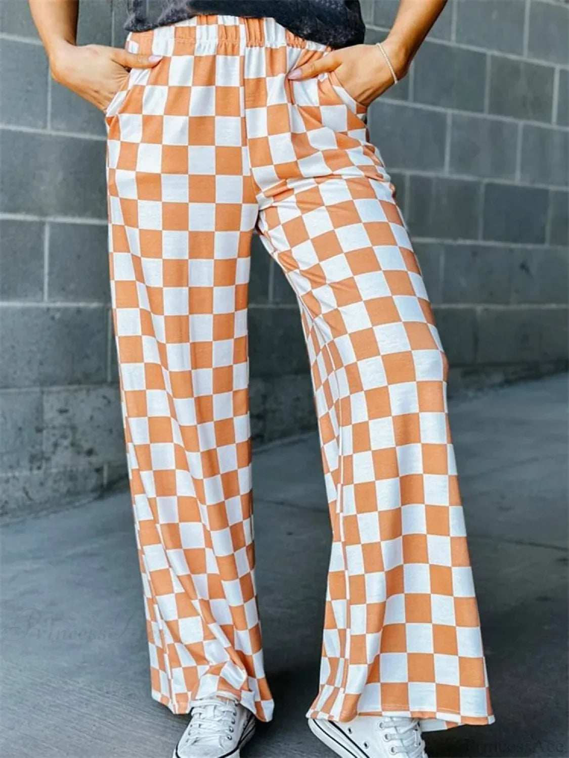 Plaid Print Wide Leg Elastic Waist Casual Pant pant-250223