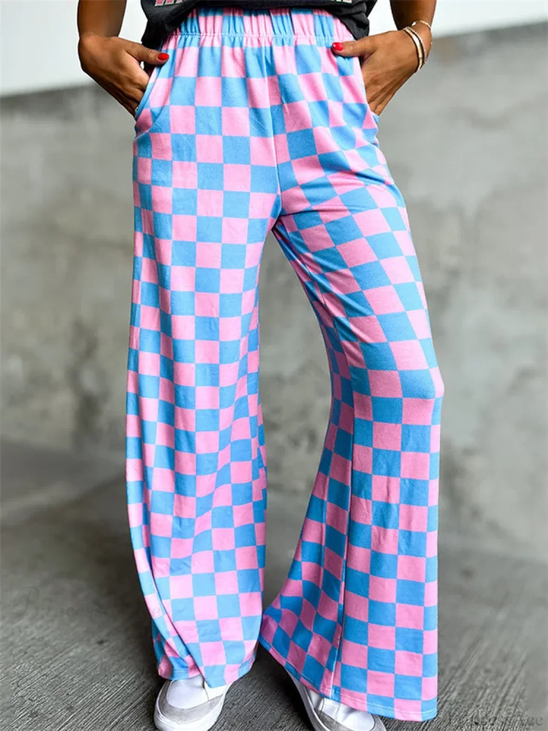 Plaid Print Wide Leg Elastic Waist Casual Pant PRUPLE / S pant-250223