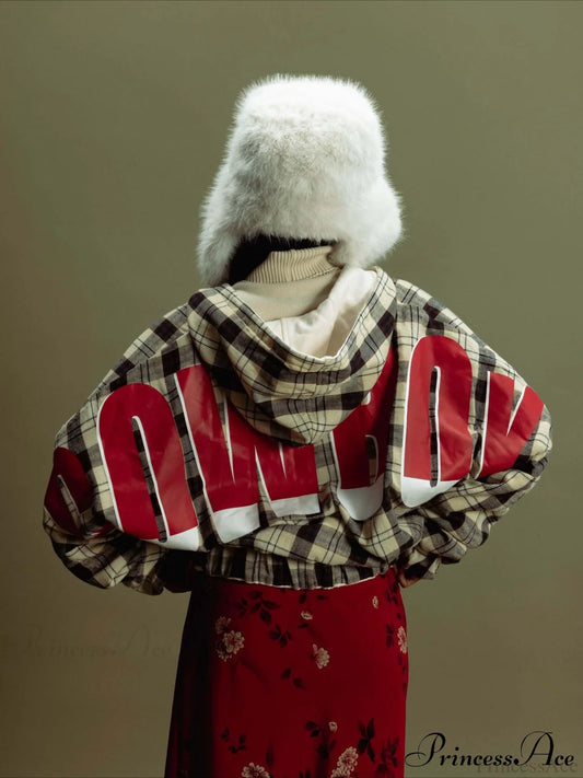 Plaid Rainbow Letter Print Loose Zipper Hoodie