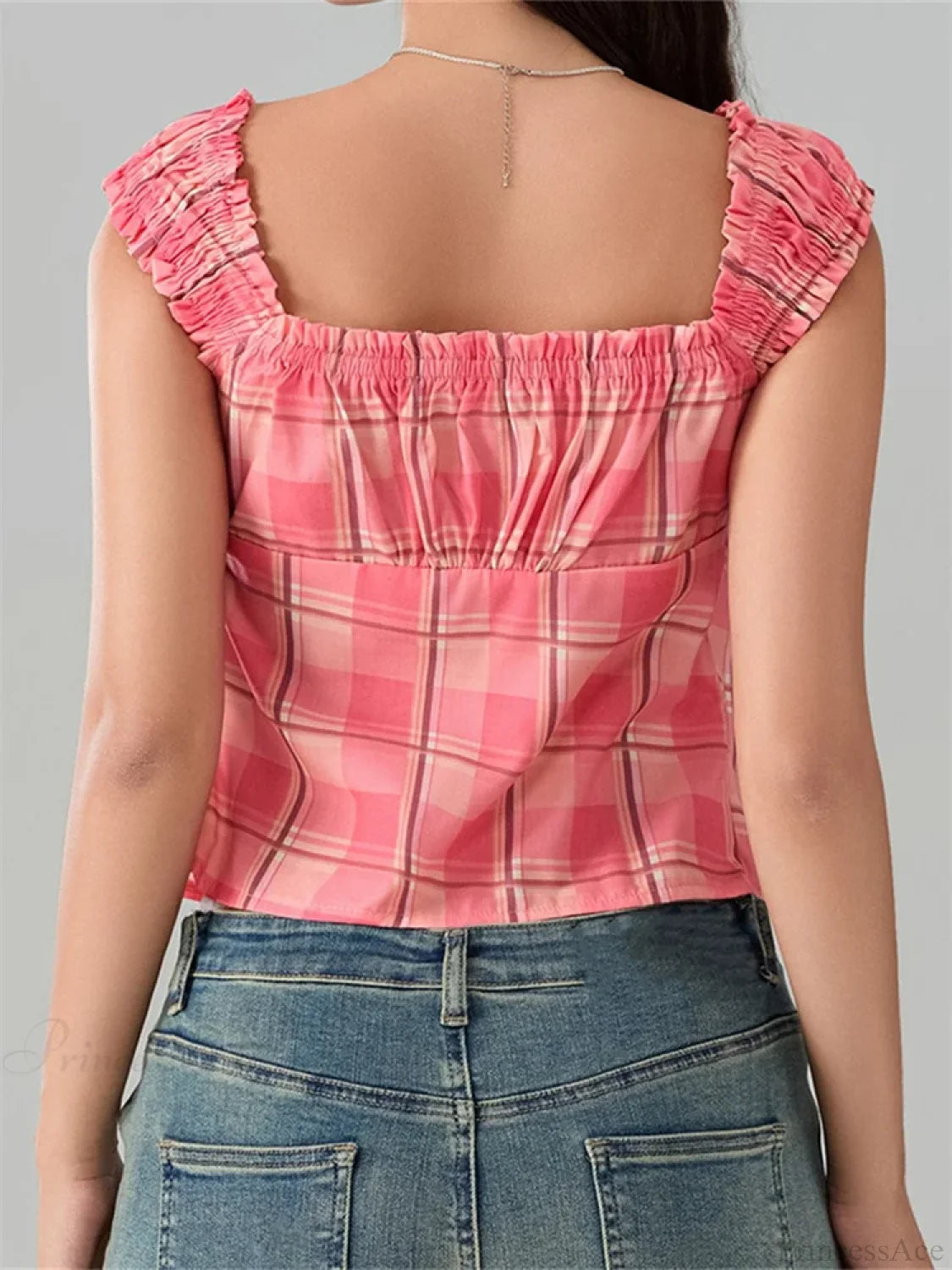 Plaid Round Neck Front Split Sleeveless Crop Top croptop-250126
