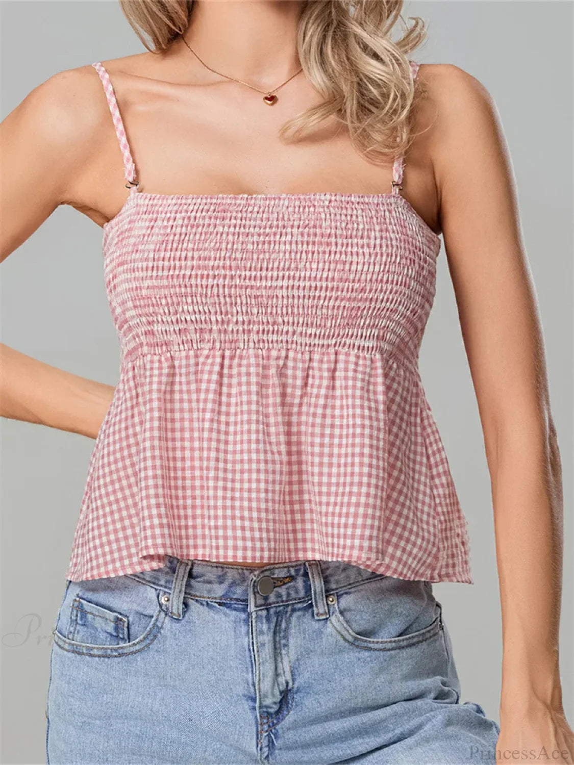 Plaid Ruffle Hem Square Neck Spaghetti Crop Top PINK / S croptop-250126