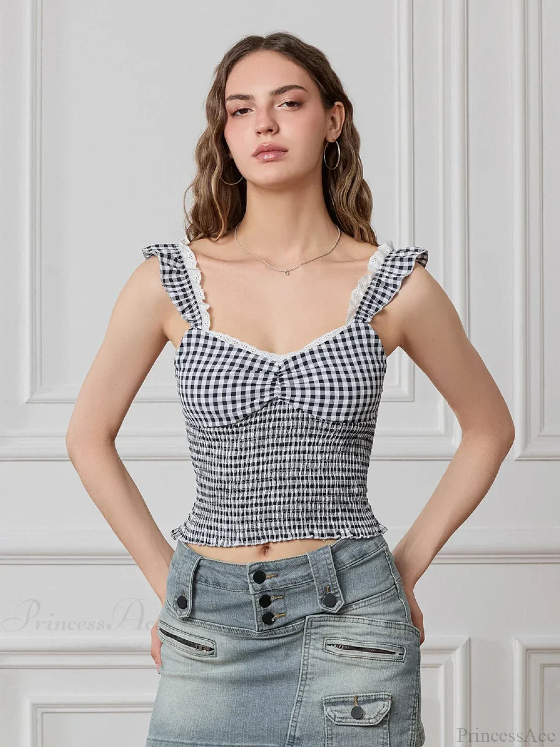 Plaid Ruffle Strap Sweetheart Lace Trim Cropped Tank Top BLACK / S croptop-250126