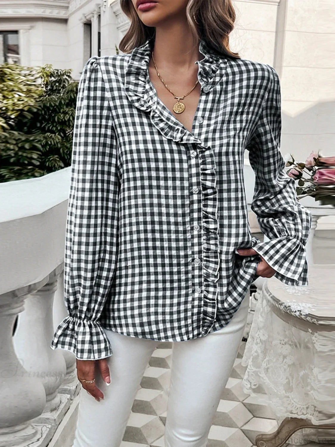 Plaid Ruffle V-neck Blouse blouse-250223
