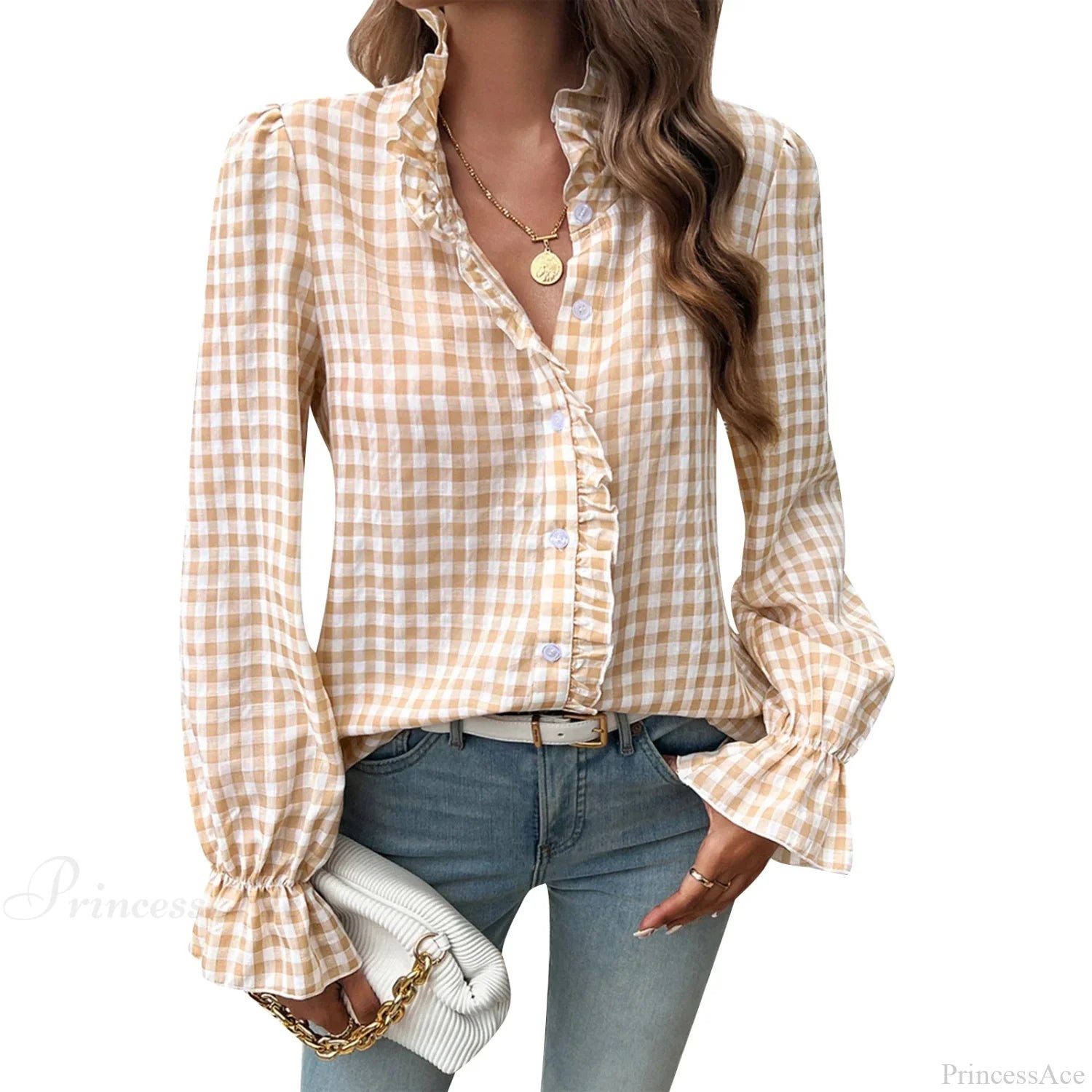 Plaid Ruffle V-neck Blouse white / S blouse-250223