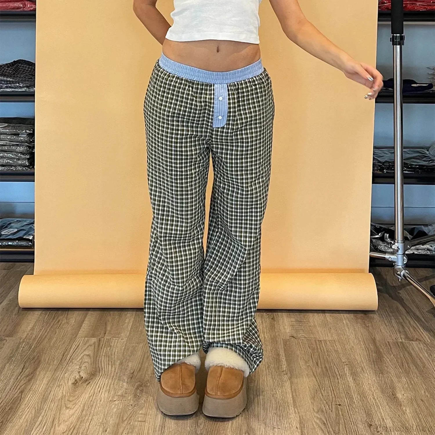 Plaid Sleep Lounge Bottoms Elastic Waist Pant pant-250223
