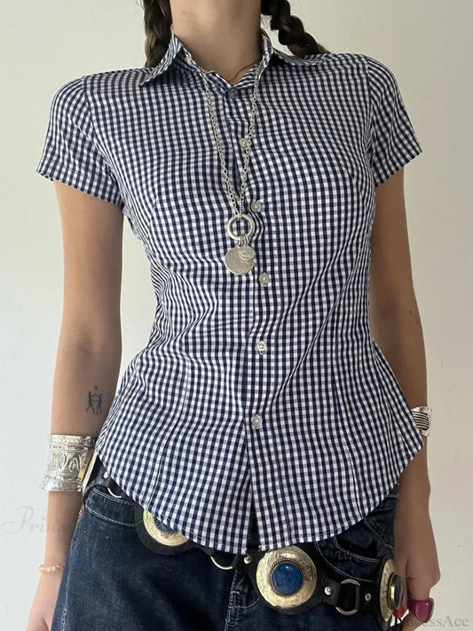 Plaid Slim Buttoned Up Blouse blouse-250223