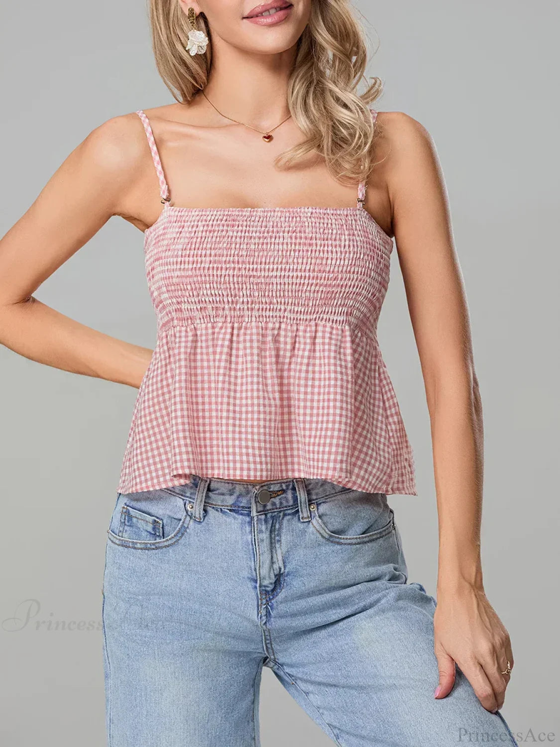 Plaid Smocked Backless Spaghetti Strap Frill Hem Crop Top croptop-250126