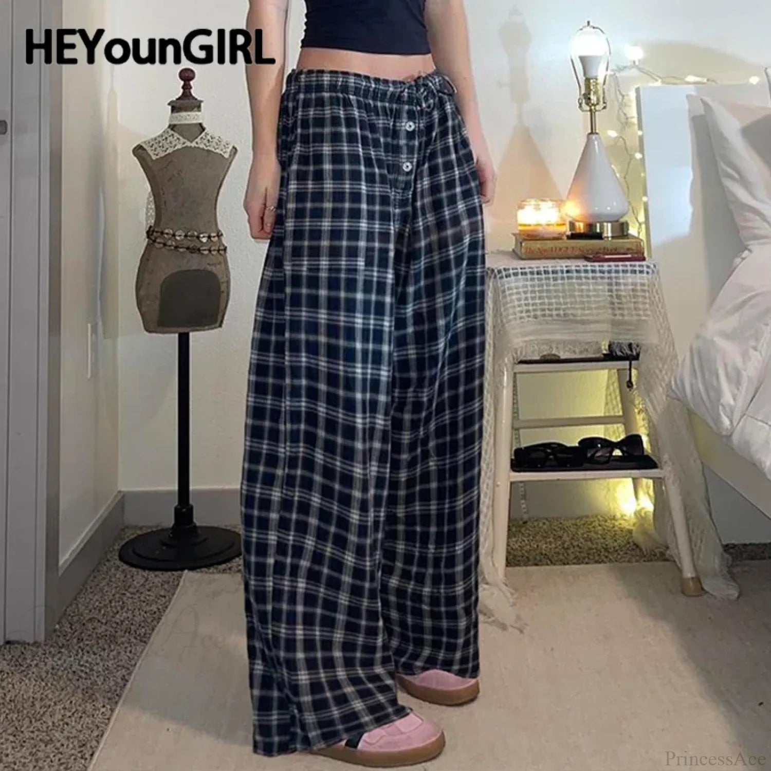 Plaid Straight Vintage Loose Fit Jogger Pant Black / S pant-250223