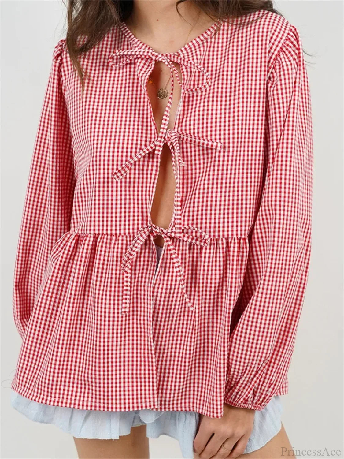 Plaid Stripe Front Tie-up Long Sleeve Blouse Red / S blouse-250126