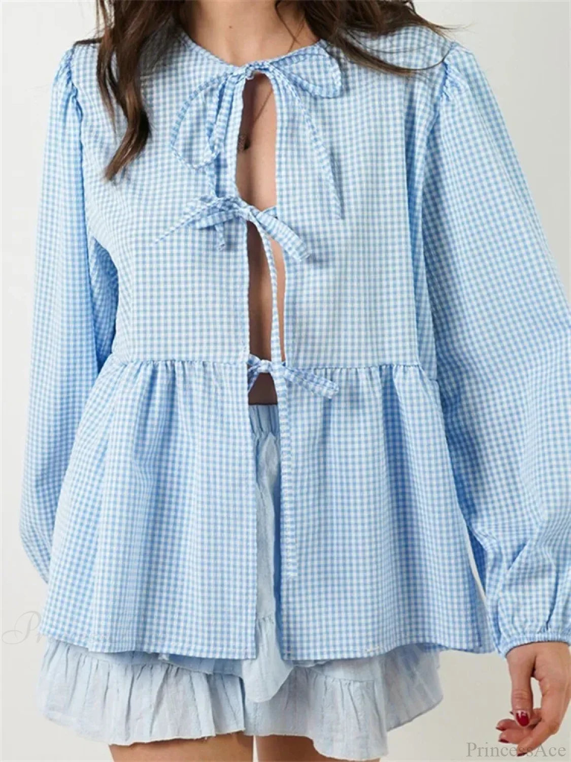 Plaid Stripe Front Tie-up Long Sleeve Blouse SKY BLUE / S blouse-250126