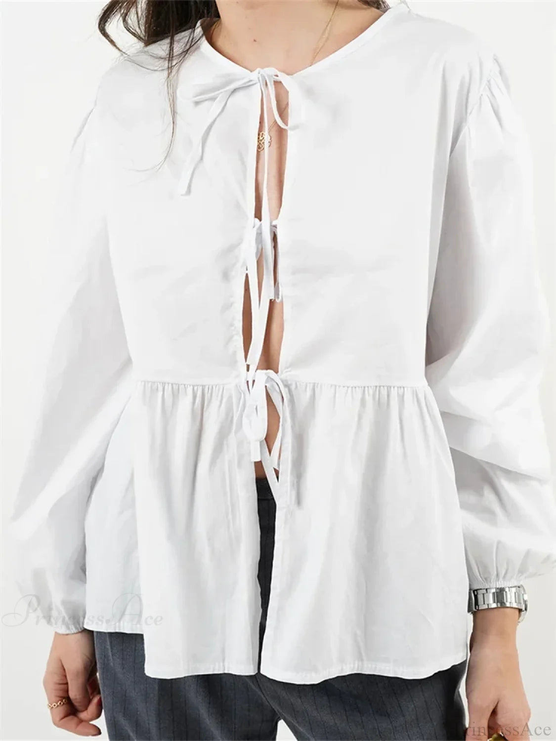 Plaid Stripe Front Tie-up Long Sleeve Blouse WHITE / S blouse-250126