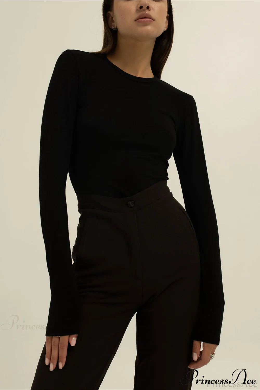 Plain Classic Solid Crew Slim Slim Crew Neck Long Sleeve Tee Black / S