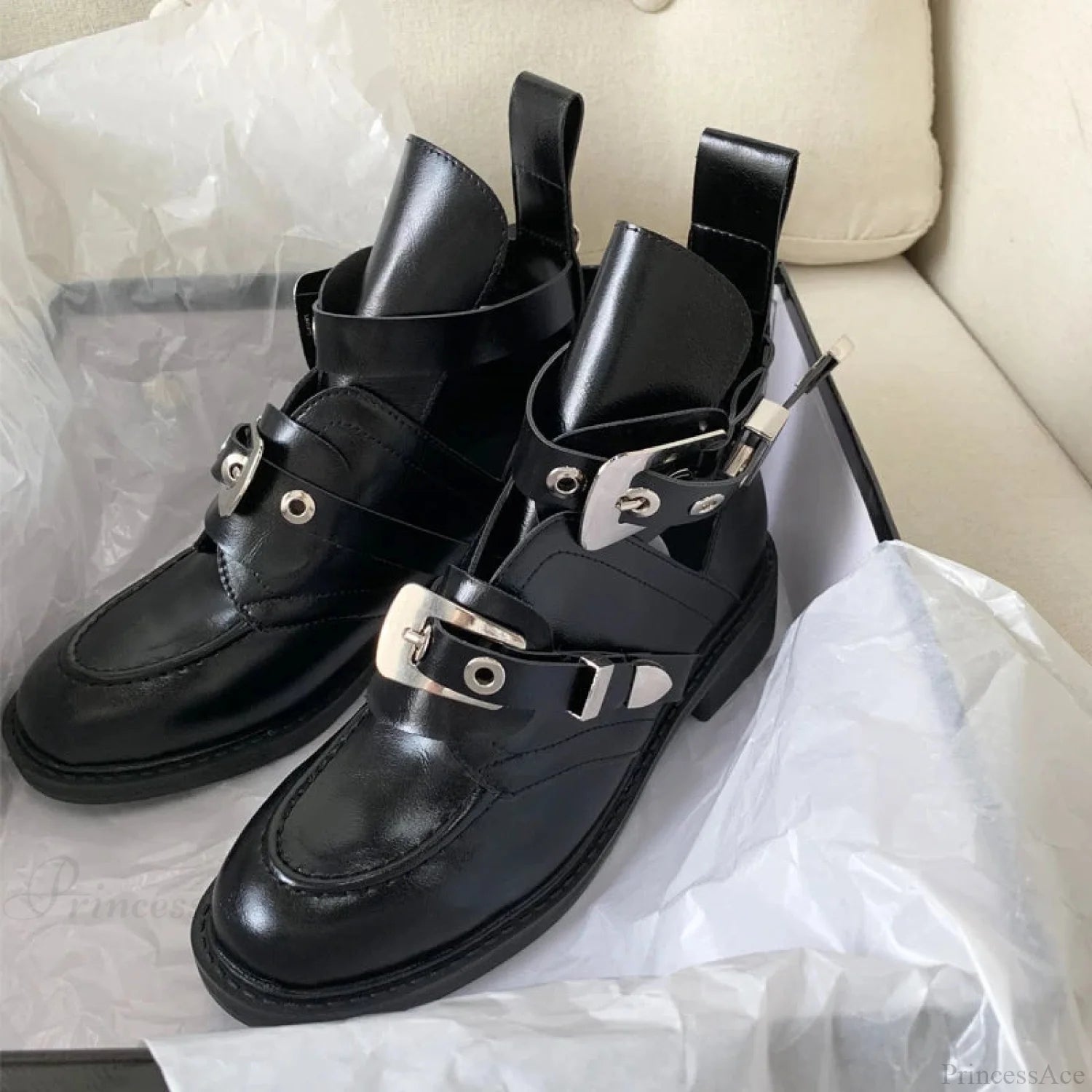 Platform British Style Retro Chelsea Gothic Boot gold buckle / 34