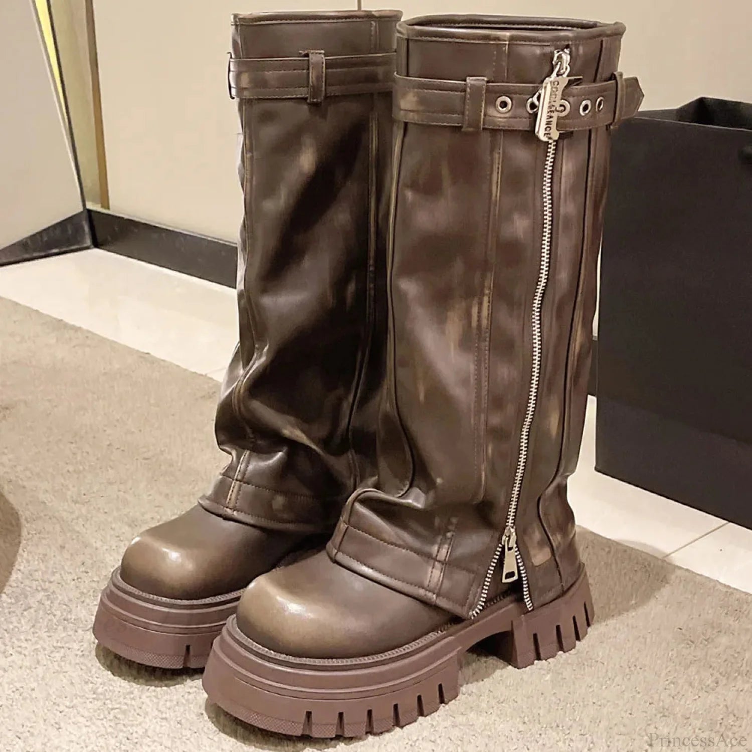 Platform Crease Knee High Gothic Belt Clasp Boot brown 2 / CN35