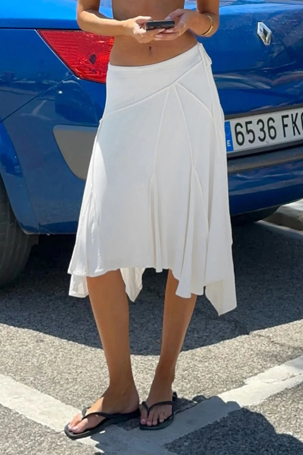 Pleated Asymmetrical Midi Skirt White / S