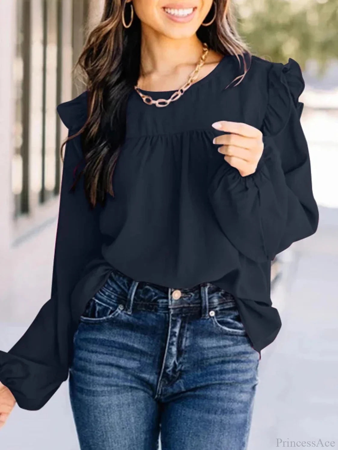 Pleated Front Lantern Sleeve Casual Chic Blouse Dark Blue / S blouse-250126