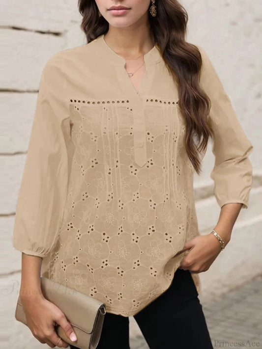 Pleated Lace Insert V-neck 3/4 Sleeve Blouse Khaki / S blouse-250126