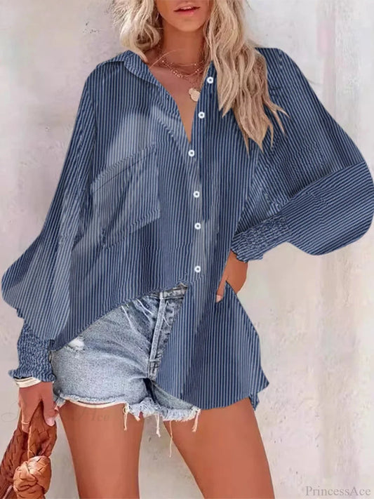 Pleated Lapel Neck Lantern Sleeve Blouse Dark Blue / S blouse-250126