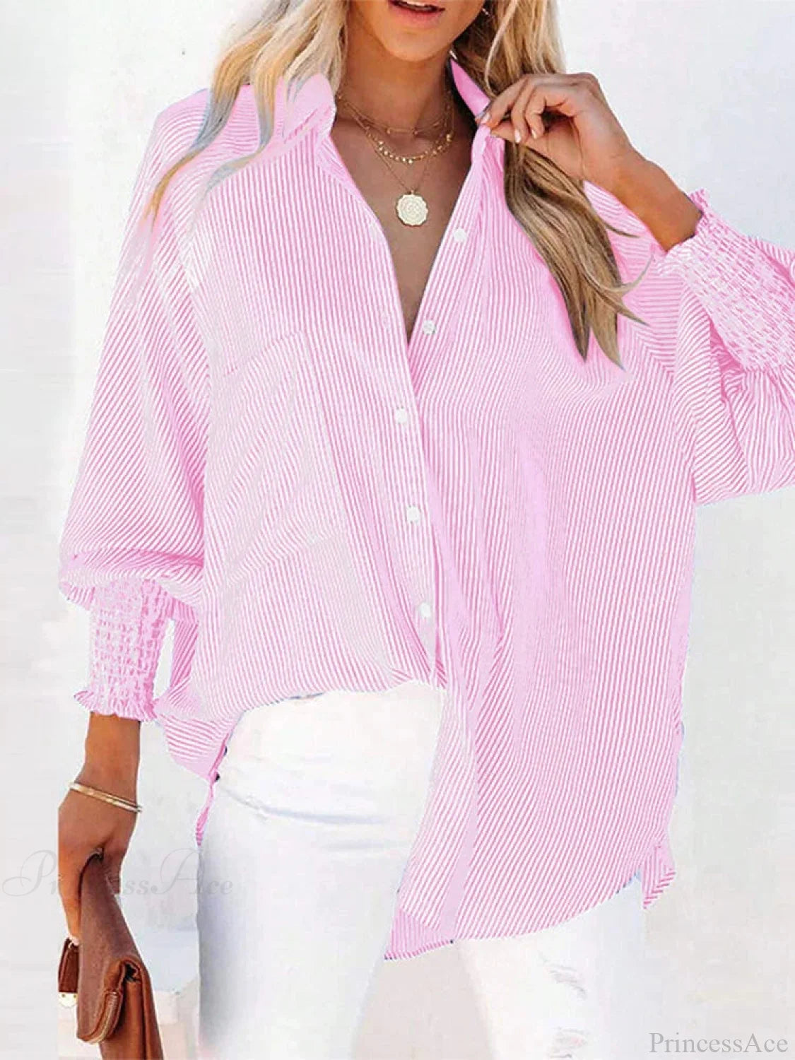 Pleated Lapel Neck Lantern Sleeve Blouse Pink / S blouse-250126